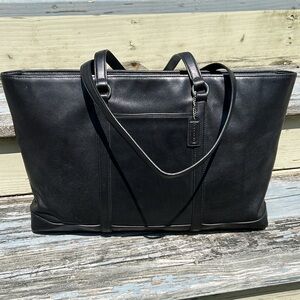 Coach Black Leather Tote Laptop Case Career Satchel Carry On School Weekend Bag